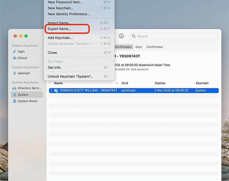 macOS Keychain Access — export digital certificate
